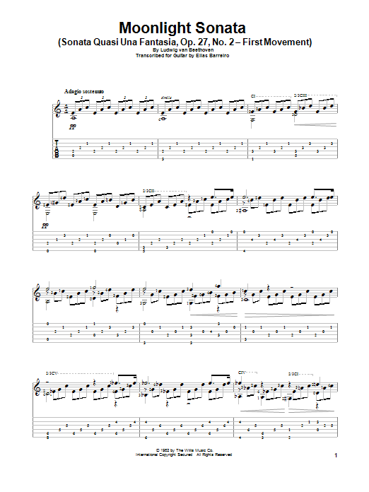 Download Elias Barreiro Moonlight Sonata (Sonata Quasi Una Fantasia, Op. 27, No. 2 - First Movement) Sheet Music and learn how to play Guitar Tab PDF digital score in minutes