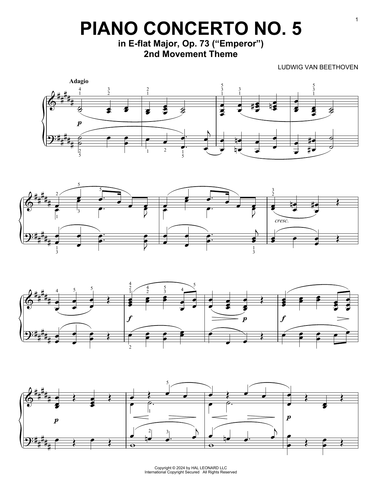 Download Ludwig van Beethoven Piano Concerto No. 5, 2nd Movement Sheet Music and learn how to play Piano Solo PDF digital score in minutes