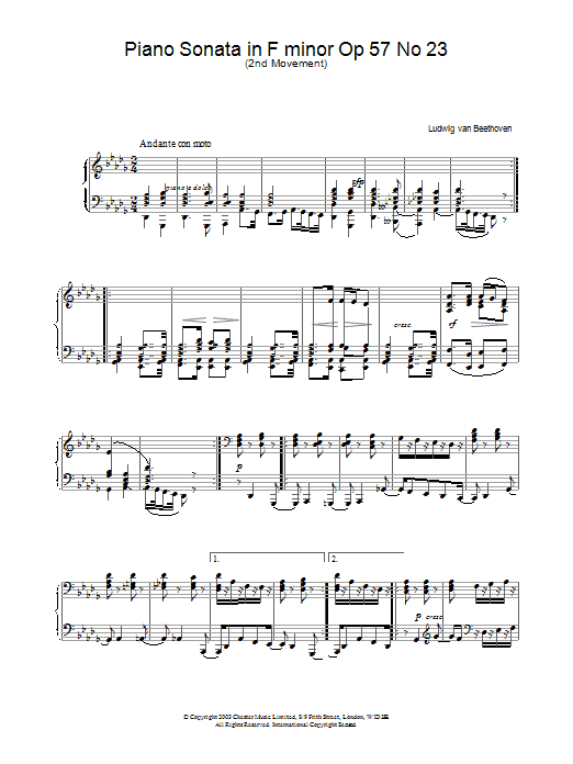 Download Ludwig van Beethoven Piano Sonata in F minor Op.57 No.23 (Appassionata), 2nd Movement Sheet Music and learn how to play Piano PDF digital score in minutes
