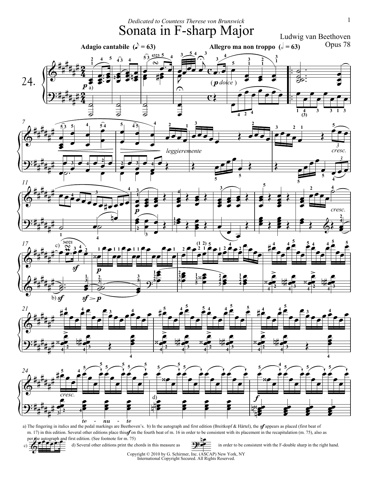 Download Ludwig van Beethoven Piano Sonata No. 24 In F-Sharp Major, Op. 78 Sheet Music and learn how to play Piano PDF digital score in minutes