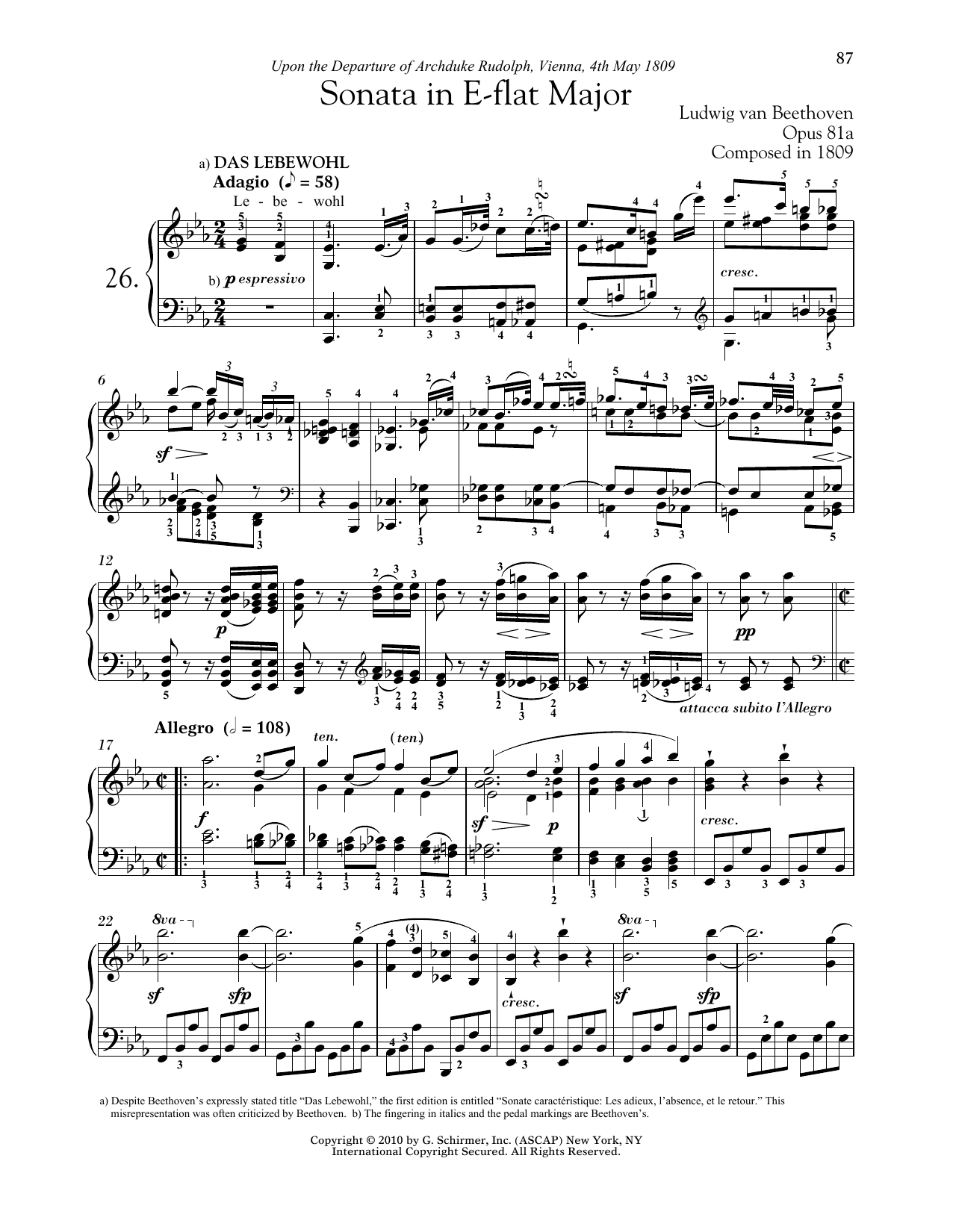 Download Ludwig van Beethoven Piano Sonata No. 26 In E-Flat Major, Op. 81a Sheet Music and learn how to play Piano PDF digital score in minutes