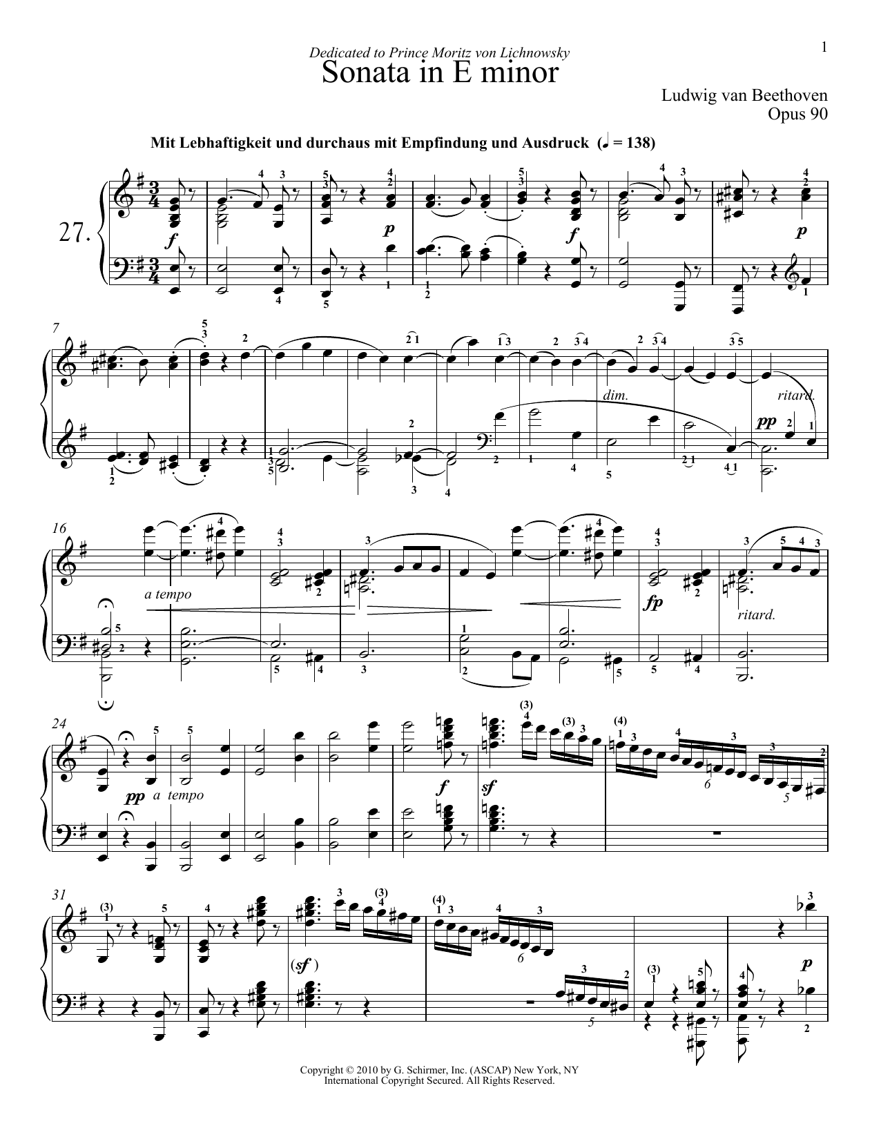 Download Ludwig van Beethoven Piano Sonata No. 27 In E Minor, Op. 90 Sheet Music and learn how to play Piano PDF digital score in minutes