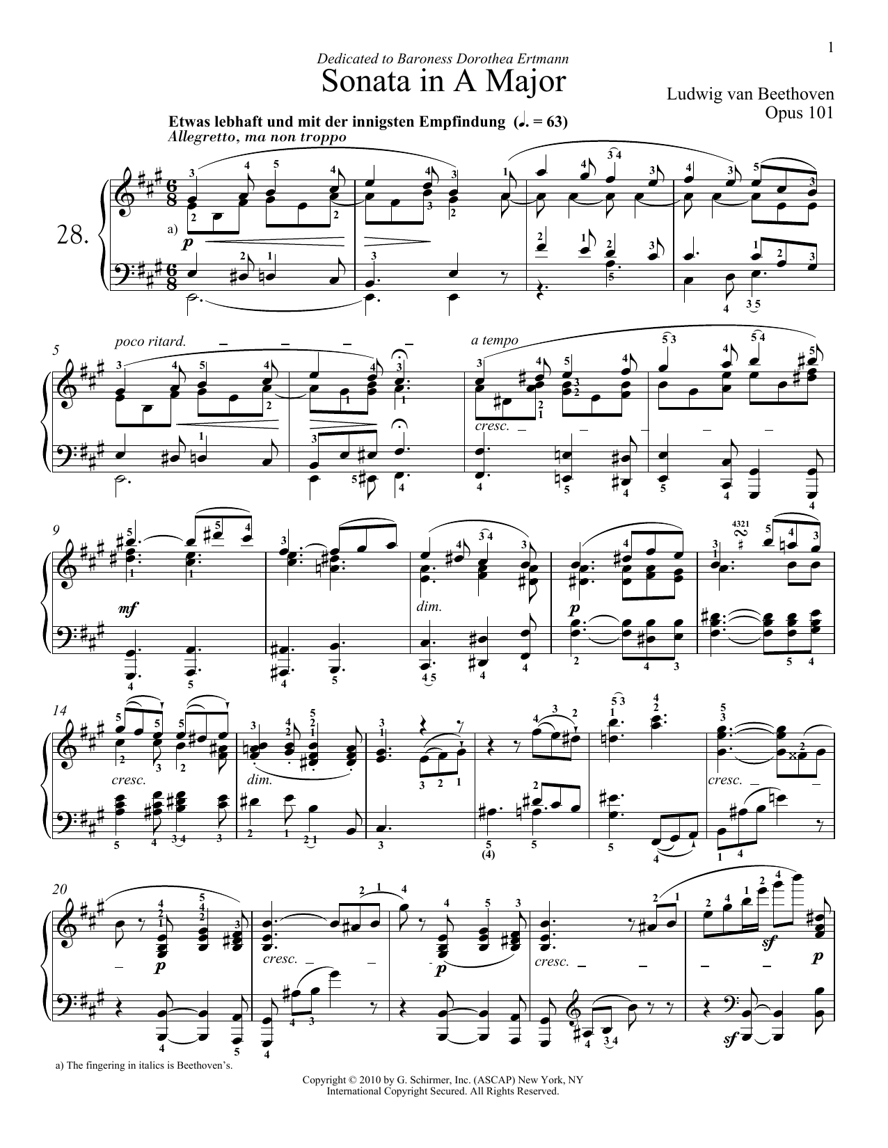 Download Ludwig van Beethoven Piano Sonata No. 28 In A Major, Op. 101 Sheet Music and learn how to play Piano PDF digital score in minutes