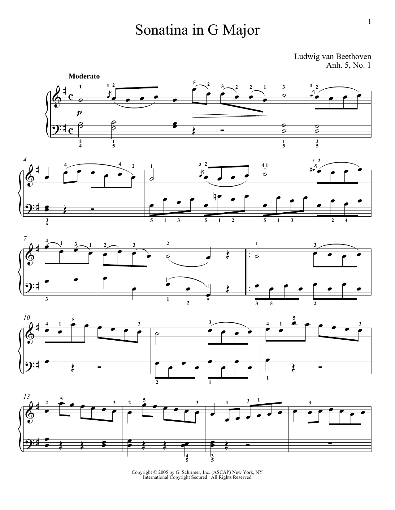 Download Ludwig van Beethoven Piano Sonatina In G Major (First Movement Theme) Sheet Music and learn how to play Piano PDF digital score in minutes