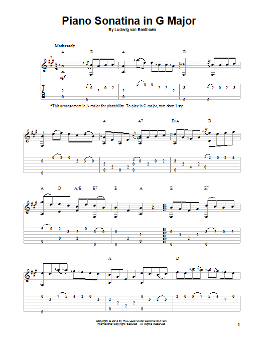 Download Ludwig van Beethoven Piano Sonatina In G Major Sheet Music and learn how to play Guitar Tab PDF digital score in minutes
