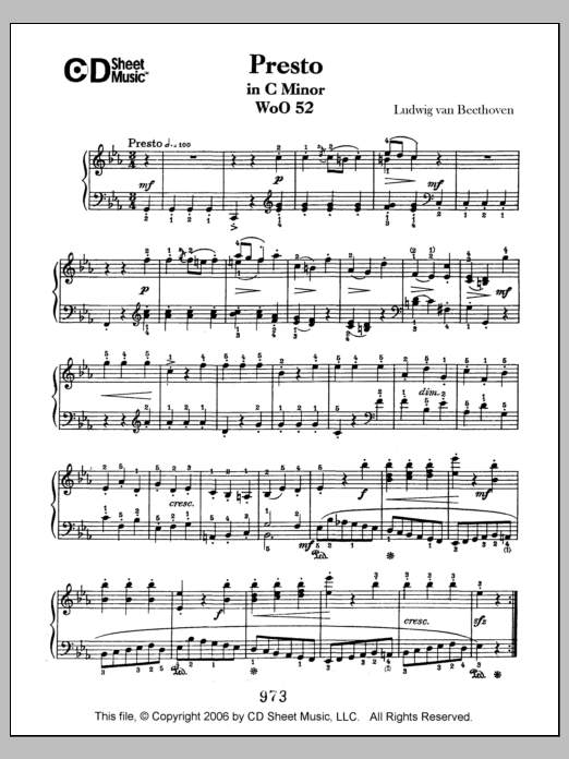 Download Ludwig van Beethoven Presto In C Minor, Woo 52 Sheet Music and learn how to play Piano Solo PDF digital score in minutes