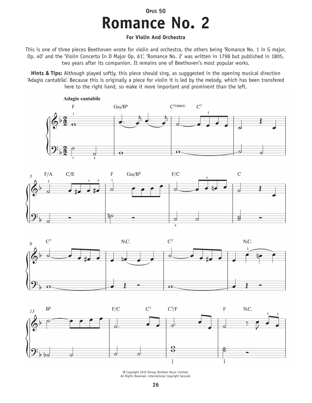 Download Ludwig Van Beethoven Romance No. 2 In F Major, Op. 50 Sheet Music and learn how to play Really Easy Piano PDF digital score in minutes