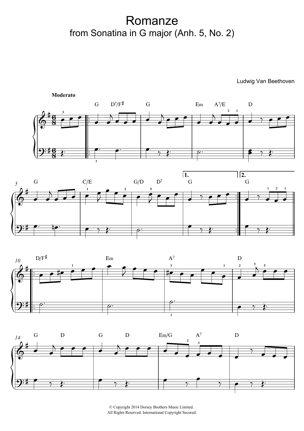 Download Ludwig van Beethoven Romanze From Sonatina In G Major (Anh. 5, No. 2) Sheet Music and learn how to play Beginner Piano PDF digital score in minutes