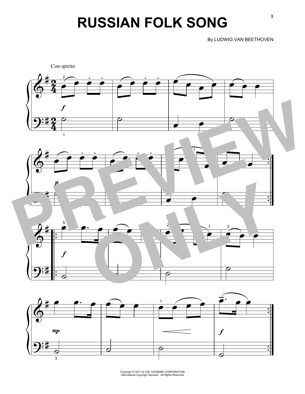 Download Ludwig van Beethoven Russian Folk Song Sheet Music and learn how to play Big Note Piano PDF digital score in minutes