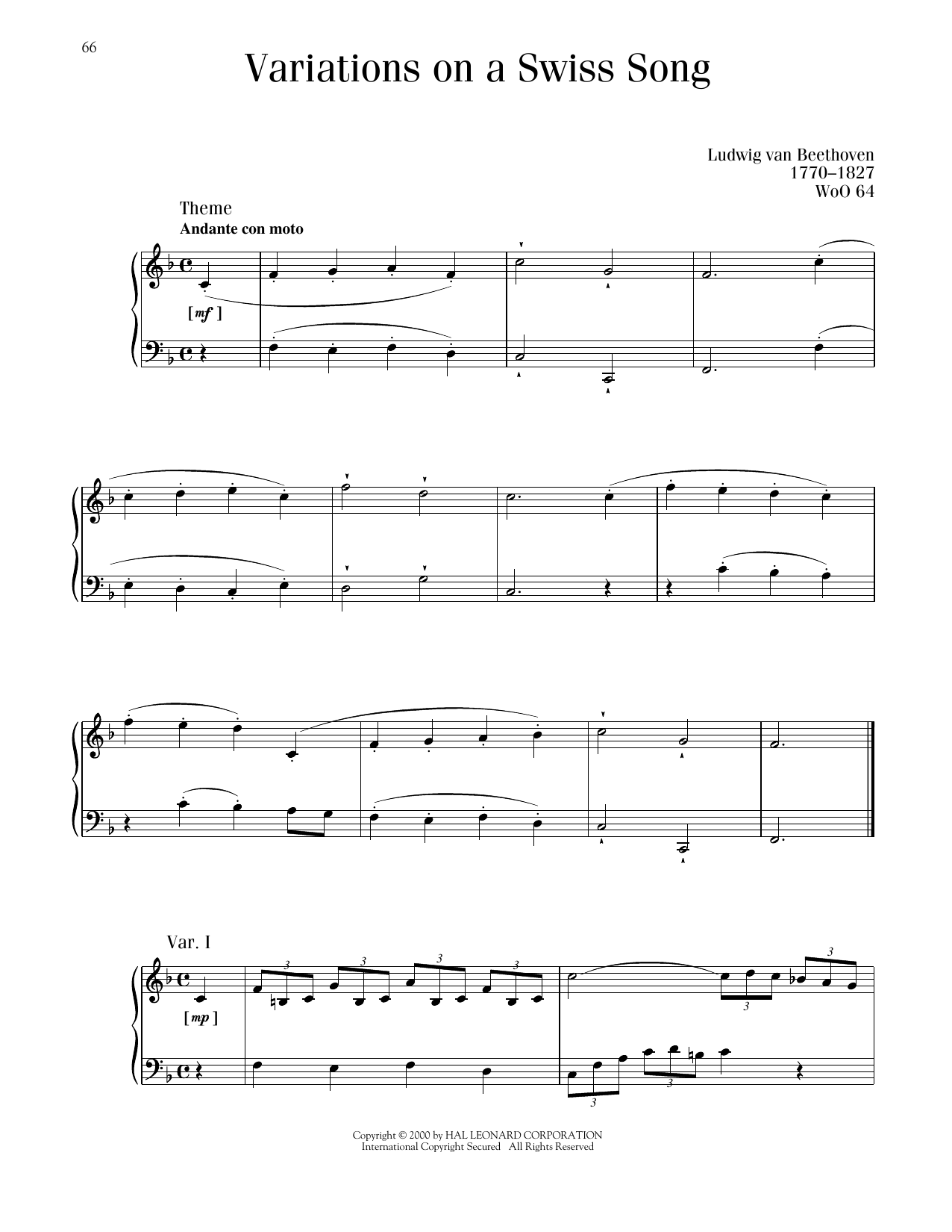 Download Ludwig van Beethoven Six Easy Variations On A Swiss Song Sheet Music and learn how to play Piano Solo PDF digital score in minutes