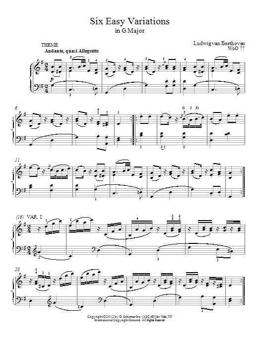 Download Ludwig van Beethoven Six Variations In G Major, WoO 77 Sheet Music and learn how to play Piano PDF digital score in minutes