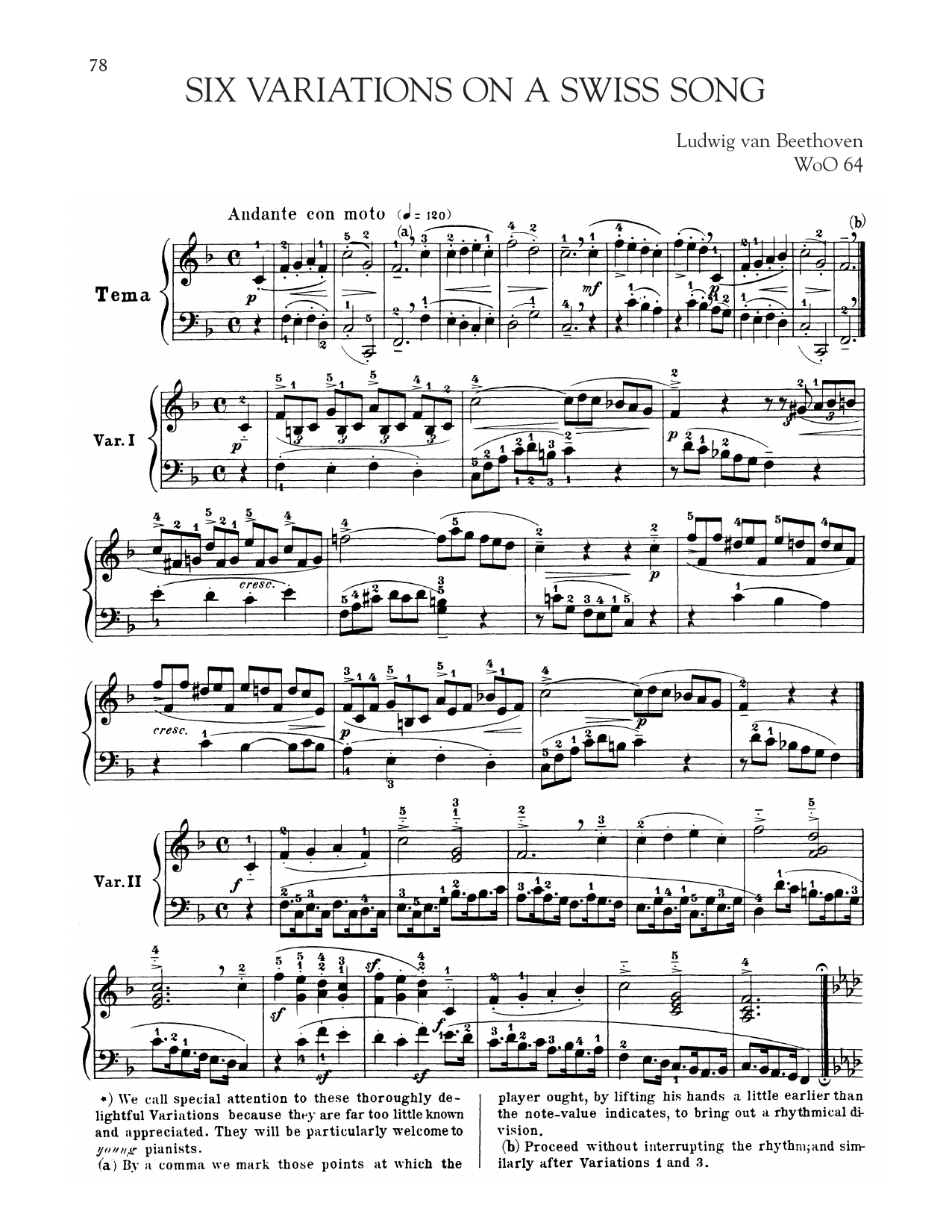 Download Ludwig van Beethoven Six Variations On A Swiss Song, WoO 64 Sheet Music and learn how to play Piano Solo PDF digital score in minutes