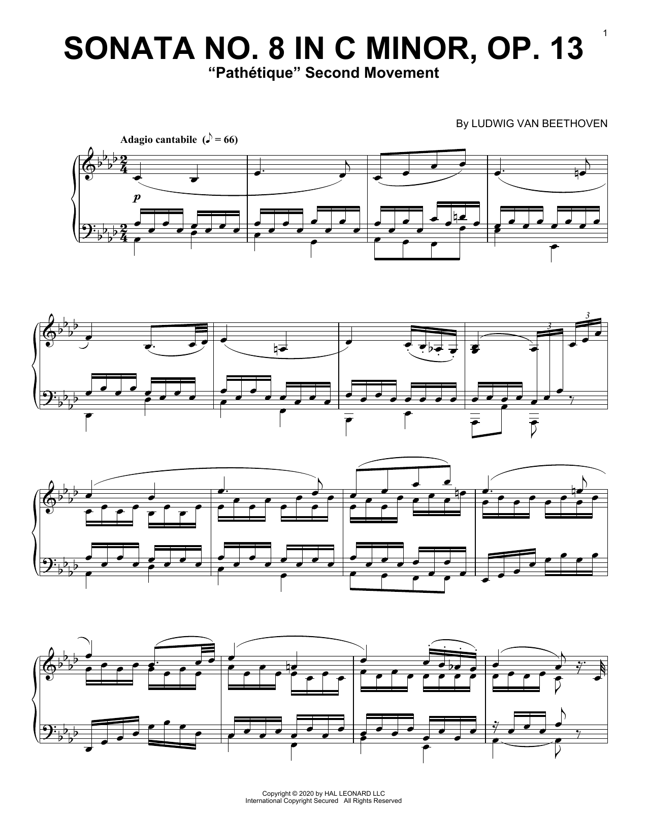 Download Ludwig van Beethoven Sonata In C Minor, Op. 13 'Pathetique' (2nd Movement) Sheet Music and learn how to play Piano Solo PDF digital score in minutes