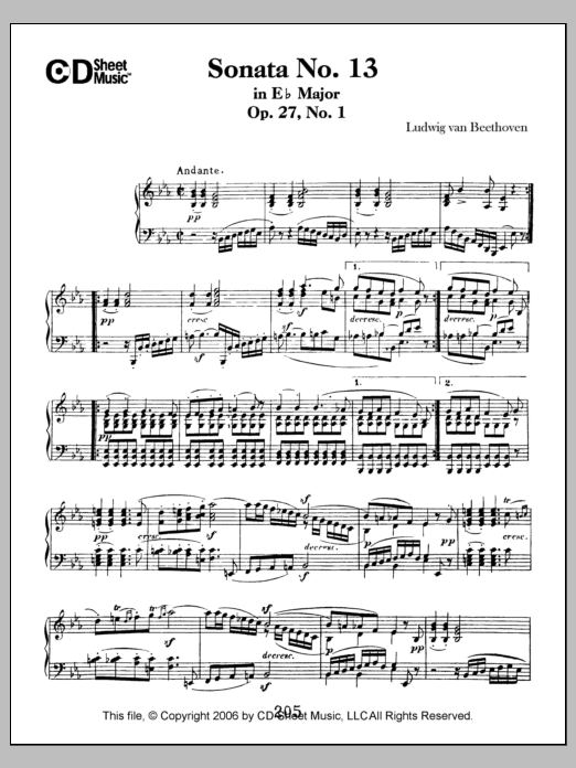 Download Ludwig van Beethoven Sonata No. 13 In E-flat Major, Quasi Fantasia, Op. 27, No. 1 Sheet Music and learn how to play Piano Solo PDF digital score in minutes