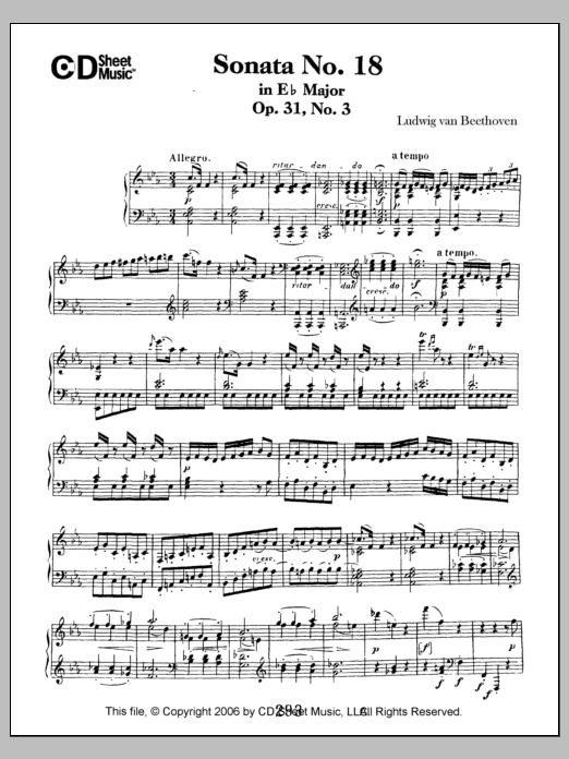 Download Ludwig van Beethoven Sonata No. 18 In E-flat Major, Op. 31, No. 3 Sheet Music and learn how to play Piano Solo PDF digital score in minutes