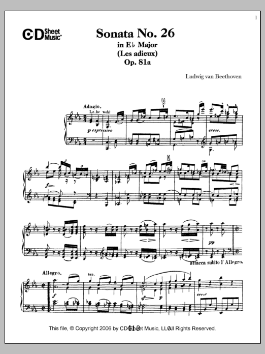 Download Ludwig van Beethoven Sonata No. 26 In E-flat Major (les Adieux), Op. 81a Sheet Music and learn how to play Piano Solo PDF digital score in minutes