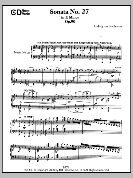 Download Ludwig van Beethoven Sonata No. 27 In E Minor, Op. 90 Sheet Music and learn how to play Piano Solo PDF digital score in minutes