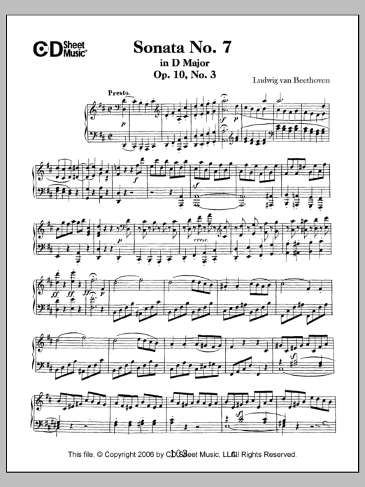 Download Ludwig van Beethoven Sonata No. 7 In D Major, Op. 10, No. 3 Sheet Music and learn how to play Piano Solo PDF digital score in minutes