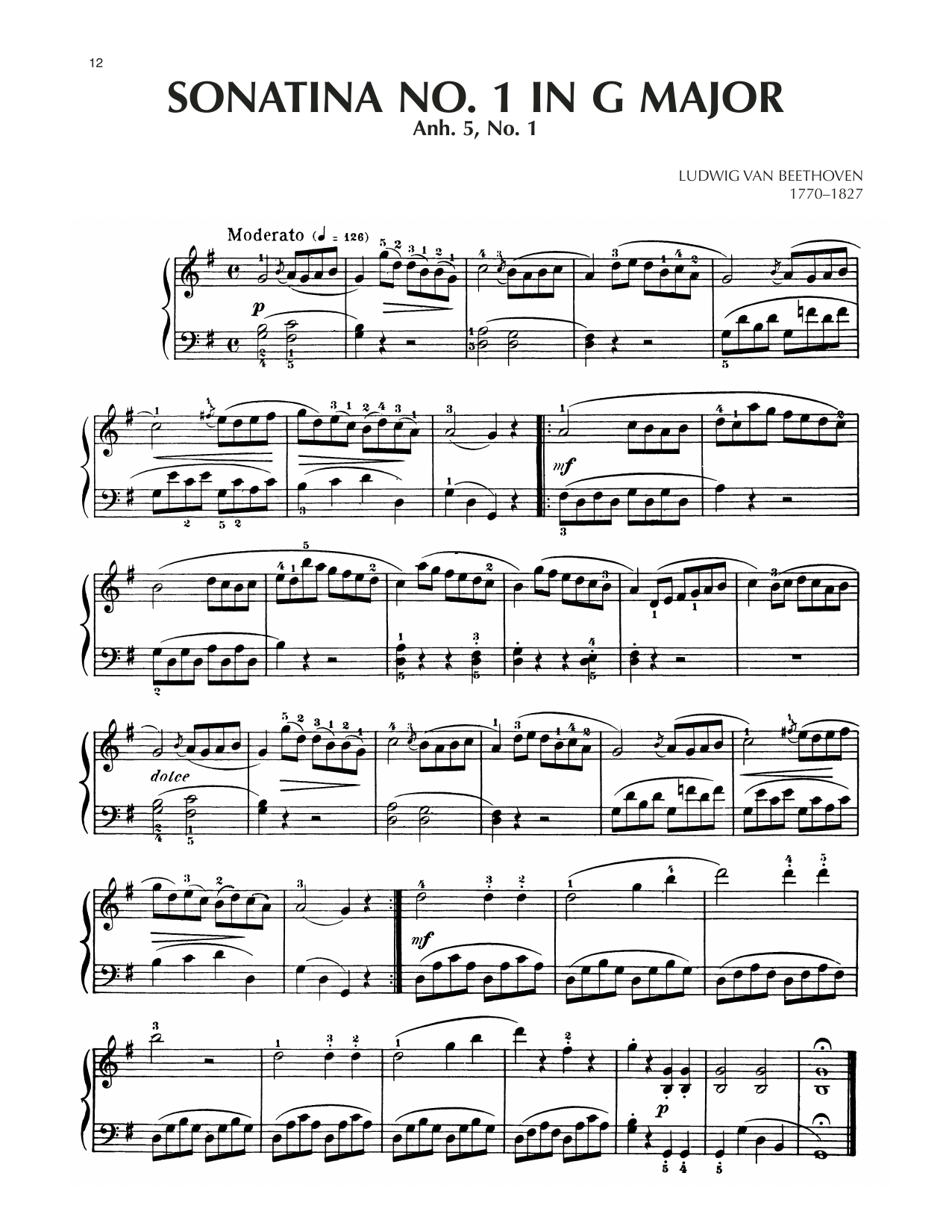 Download Ludwig van Beethoven Sonatina In G Major, Anh. 5, No. 1 Sheet Music and learn how to play Piano Solo PDF digital score in minutes