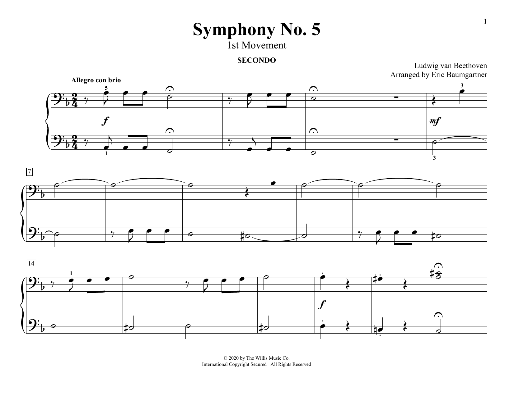 Download Ludwig van Beethoven Symphony No. 5 (1st Movement) (arr. Eric Baumgartner) Sheet Music and learn how to play Piano Duet PDF digital score in minutes