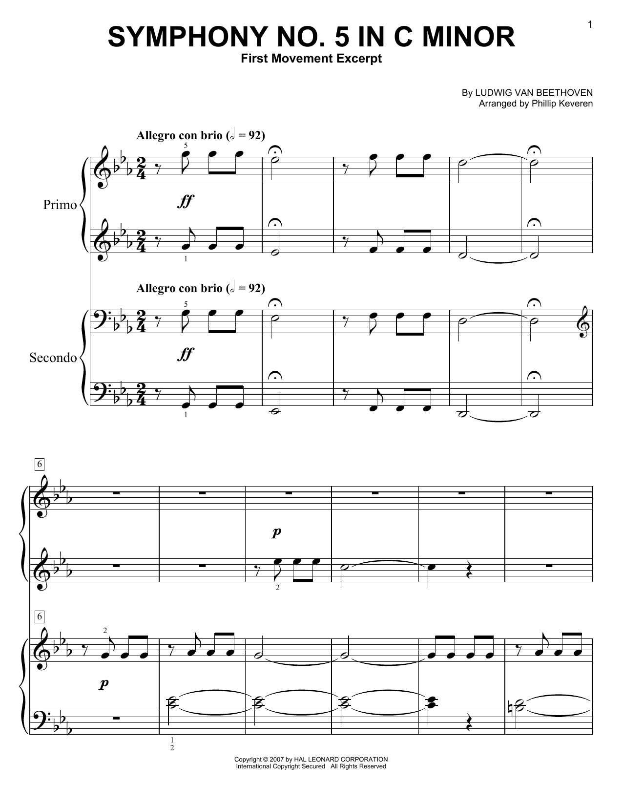 Download Phillip Keveren Symphony No. 5 In C Minor, First Movement Excerpt Sheet Music and learn how to play Big Note Piano PDF digital score in minutes