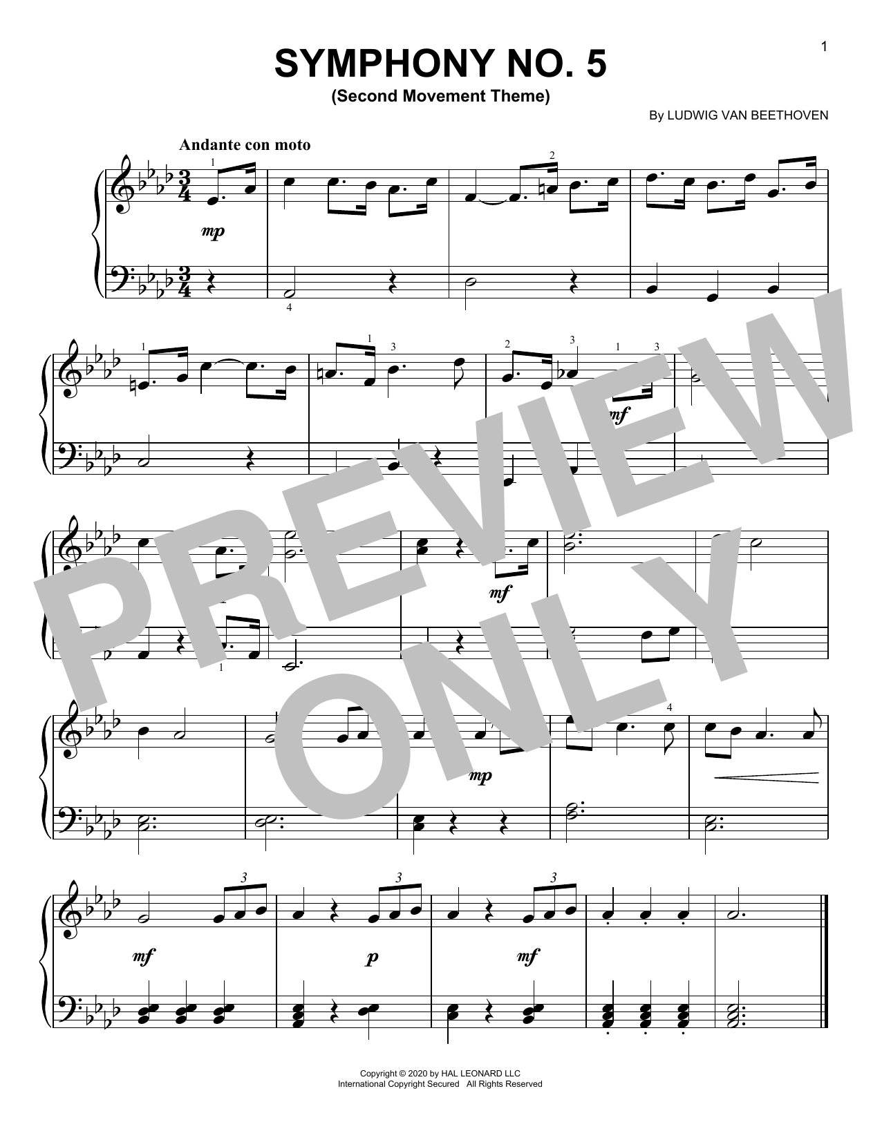 Download Ludwig van Beethoven Symphony No. 5, Second Movement Excerpt Sheet Music and learn how to play Piano Solo PDF digital score in minutes