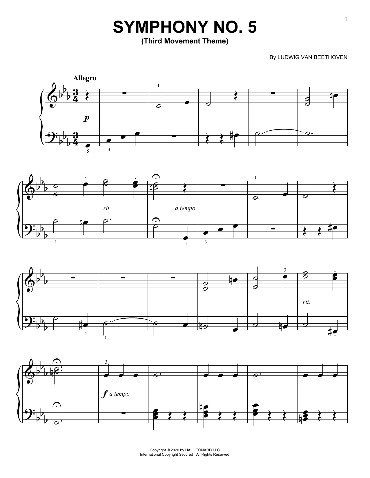 Download Ludwig van Beethoven Symphony No. 5, Third Movement Excerpt Sheet Music and learn how to play Piano Solo PDF digital score in minutes