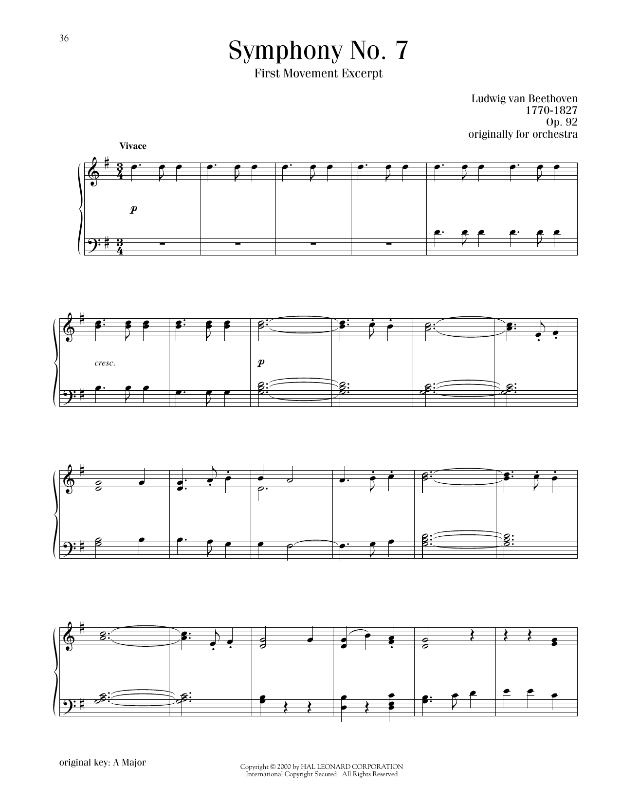 Download Ludwig van Beethoven Symphony No. 7 In A Major, First Movement Excerpt Sheet Music and learn how to play Piano Solo PDF digital score in minutes