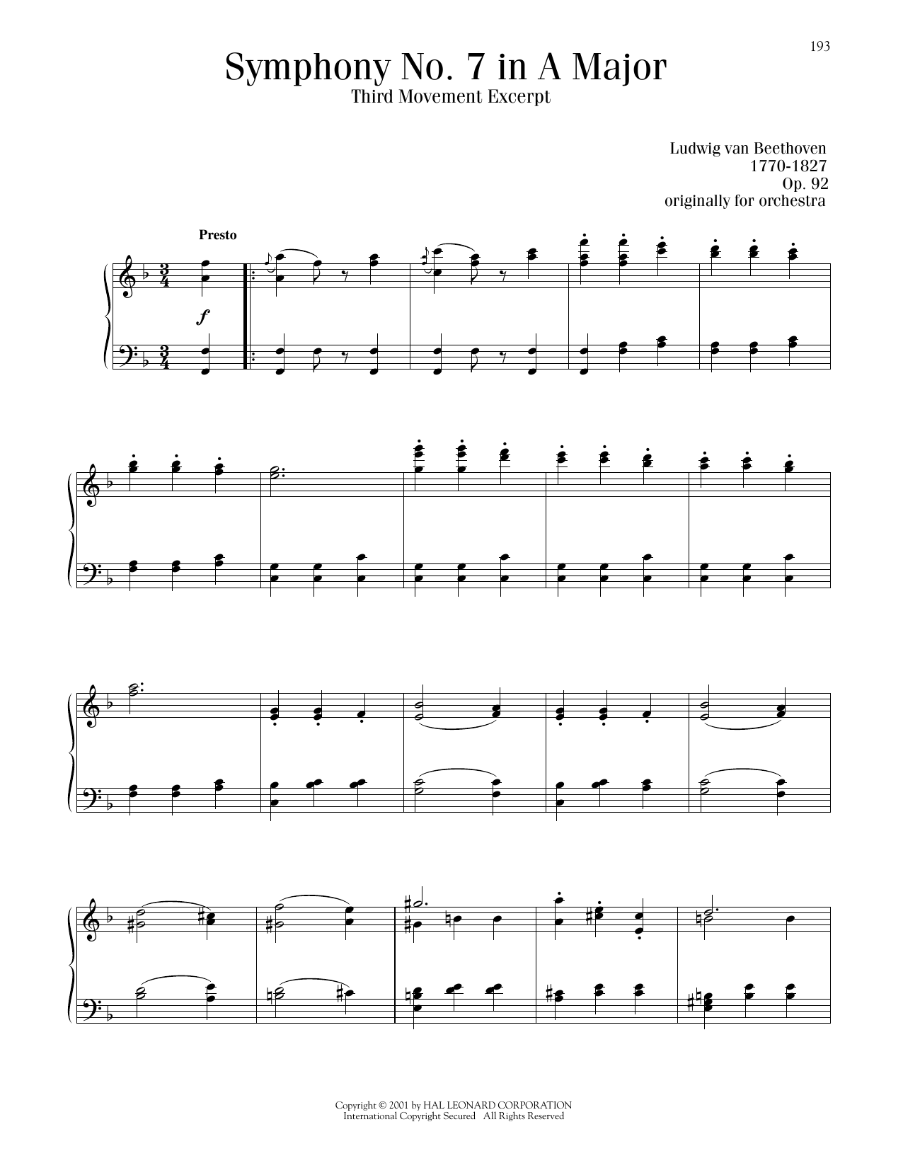 Download Ludwig van Beethoven Symphony No. 7 In A Major, Third Movement Sheet Music and learn how to play Piano Solo PDF digital score in minutes