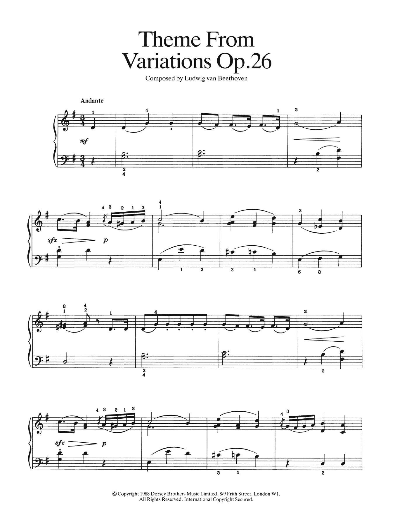 Download Ludwig van Beethoven Theme from Variations Op. 26 Sheet Music and learn how to play Easy Piano PDF digital score in minutes
