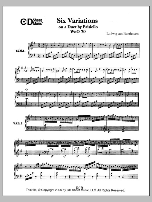 Download Ludwig van Beethoven Variations (6) On A Duet By Paisiello, Woo 70 Sheet Music and learn how to play Piano Solo PDF digital score in minutes