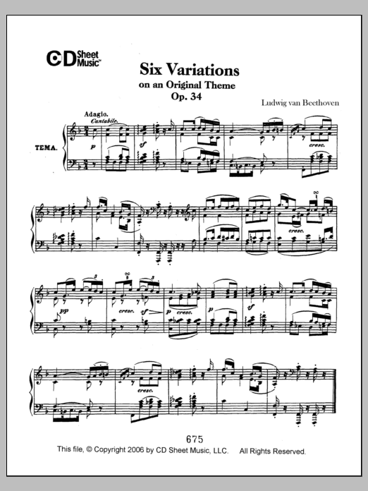 Download Ludwig van Beethoven Variations (6) On An Original Theme, Op. 34 Sheet Music and learn how to play Piano Solo PDF digital score in minutes