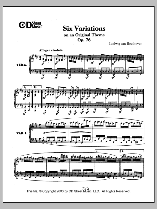 Download Ludwig van Beethoven Variations (6) On An Original Theme, Op. 76 Sheet Music and learn how to play Piano Solo PDF digital score in minutes