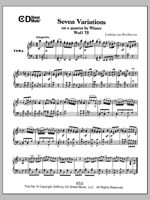 Download Ludwig van Beethoven Variations (7) On A Quartet By Winter, Woo 75 Sheet Music and learn how to play Piano Solo PDF digital score in minutes