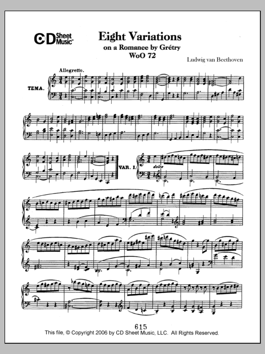 Download Ludwig van Beethoven Variations (8) On A Romance By Gretry, Woo 72 Sheet Music and learn how to play Piano Solo PDF digital score in minutes