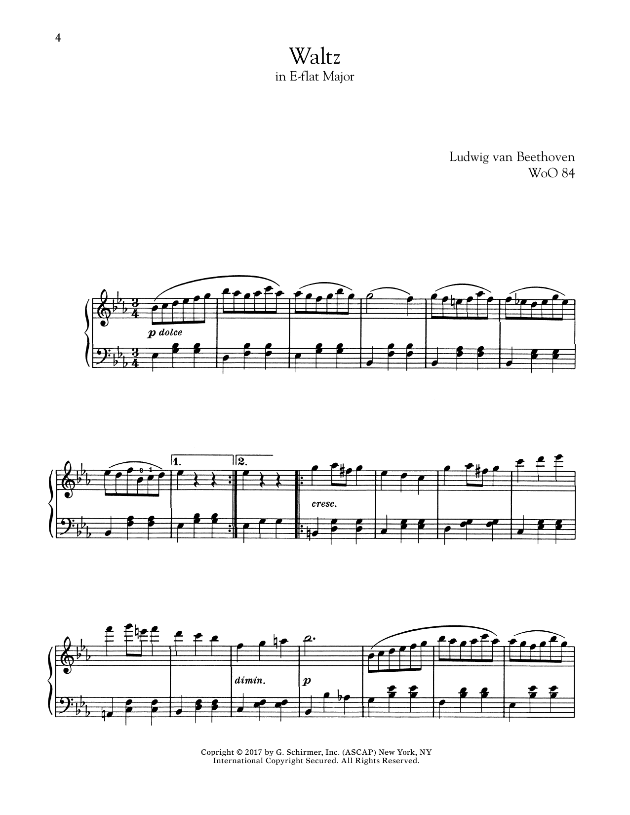 Download Ludwig van Beethoven Waltz In E-Flat Major, WoO 84 Sheet Music and learn how to play Piano PDF digital score in minutes
