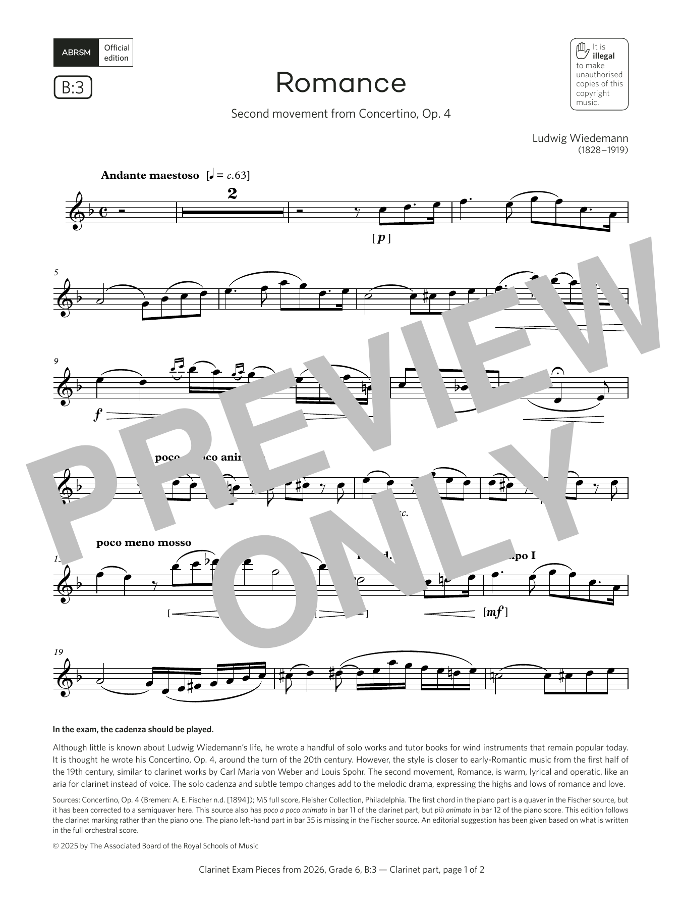 Download Ludwig Wiedemann Romance (Grade 6, list B3, from the ABRSM Clarinet Syllabus from 2026) Sheet Music and learn how to play Clarinet Solo PDF digital score in minutes