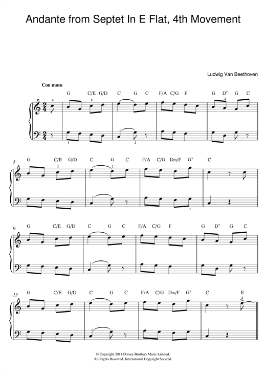 Download Ludwig van Beethoven Andante from Septet In E Flat, 4th Movement Sheet Music and learn how to play Beginner Piano PDF digital score in minutes