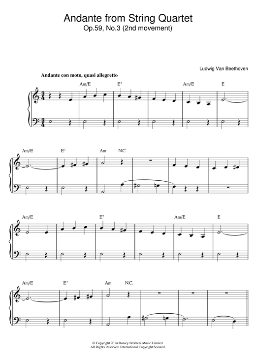 Download Ludwig van Beethoven Andante from String Quartet Op.59, No.3 Sheet Music and learn how to play Beginner Piano PDF digital score in minutes