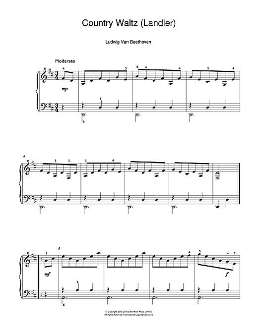 Download Ludwig van Beethoven Country Waltz (Ländler) Sheet Music and learn how to play Beginner Piano PDF digital score in minutes