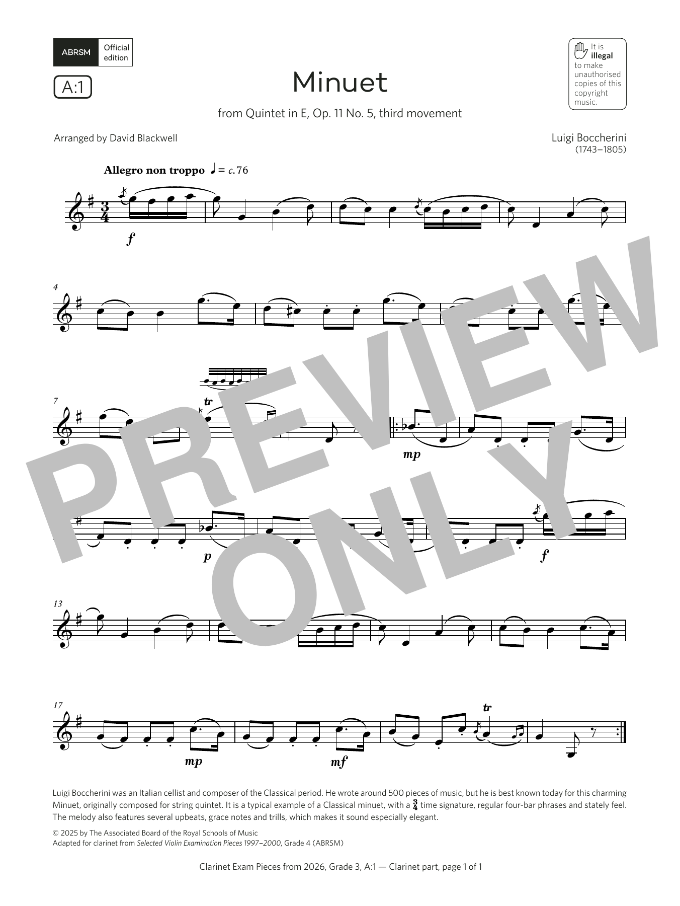 Download Luigi Boccherini Minuet (Grade 3, list A1, from the ABRSM Clarinet Syllabus from 2026) Sheet Music and learn how to play Clarinet Solo PDF digital score in minutes