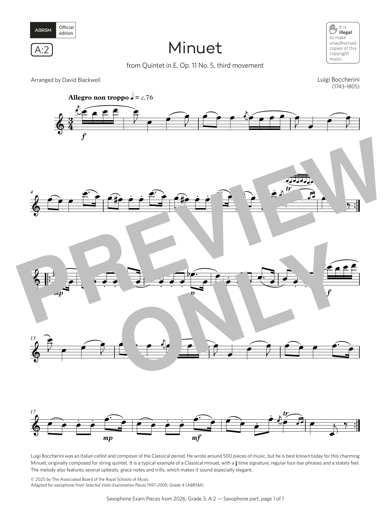 Download Luigi Boccherini Minuet (Grade 3, list A2, from the ABRSM Saxophone Syllabus from 2026) Sheet Music and learn how to play Alto Sax Solo PDF digital score in minutes