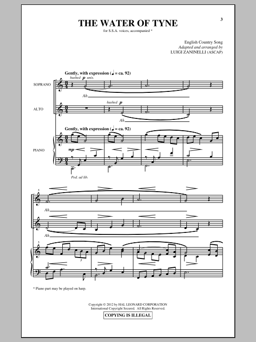 Download Luigi Zaninelli The Water Of Tyne Sheet Music and learn how to play SSA PDF digital score in minutes
