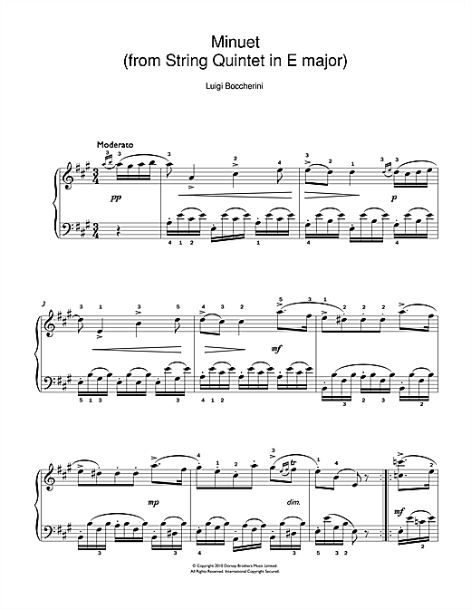 Download Luigi Boccherini Minuet (from String Quartet in E Major, Op.11 No.5) Sheet Music and learn how to play Easy Piano PDF digital score in minutes