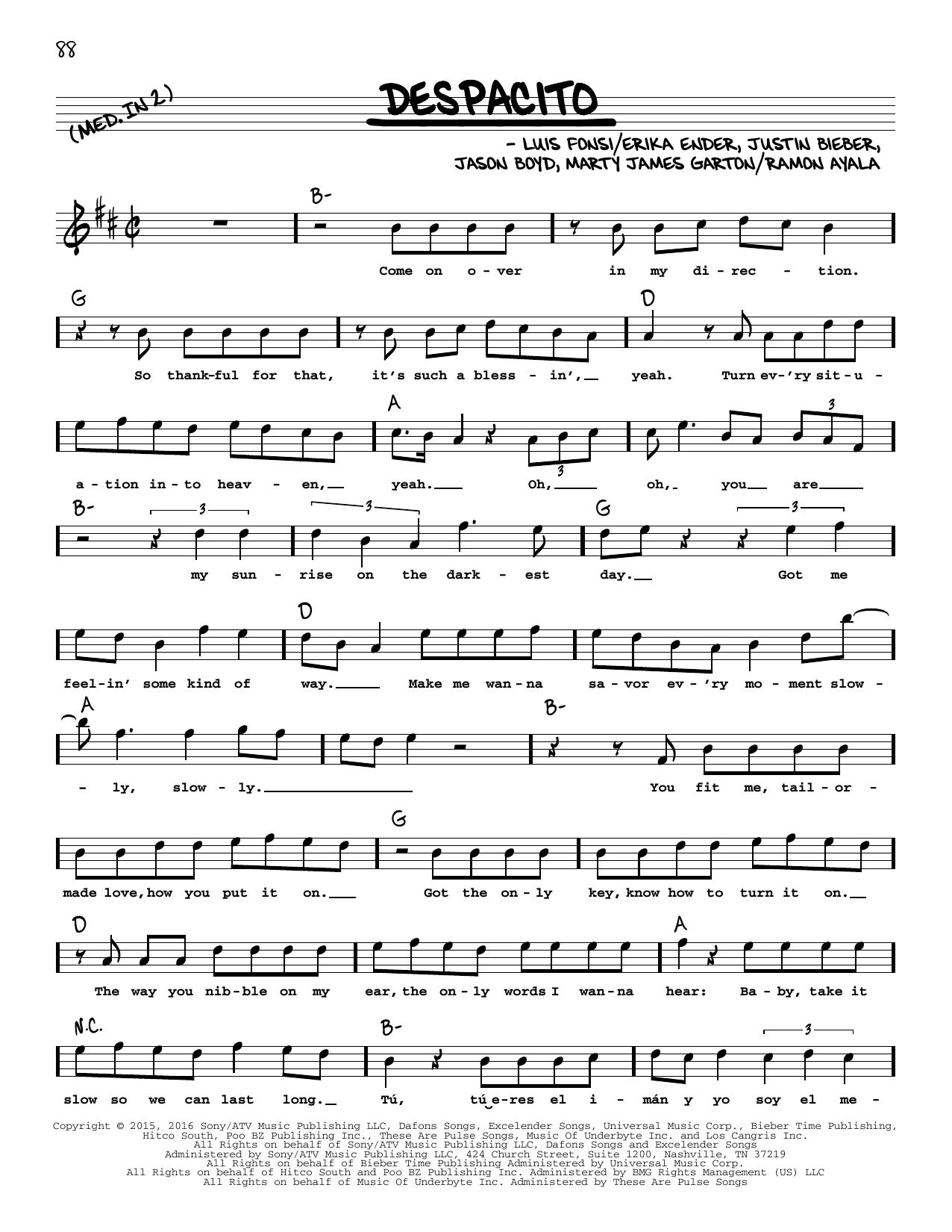 Download Luis Fonsi & Daddy Yankee Despacito (feat. Justin Bieber) Sheet Music and learn how to play Real Book – Melody, Lyrics & Chords PDF digital score in minutes