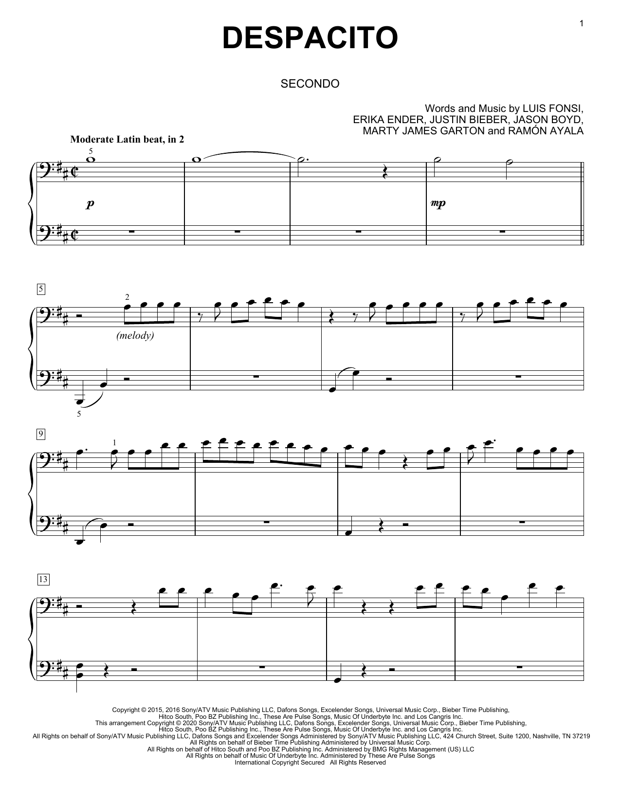 Download Luis Fonsi & Daddy Yankee feat. Justin Bieber Despacito (arr. David Pearl) Sheet Music and learn how to play Piano Duet PDF digital score in minutes