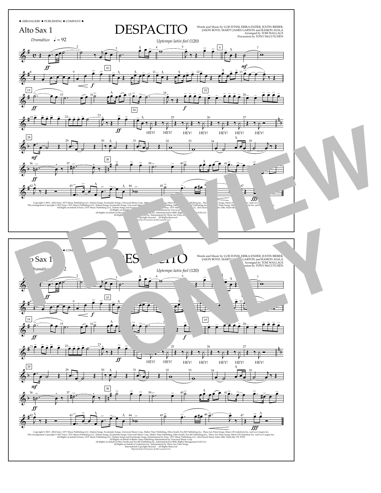 Download Luis Fonsi & Daddy Yankee feat. Justin Bieber Despacito (arr. Tom Wallace) - Alto Sax 1 Sheet Music and learn how to play Marching Band PDF digital score in minutes