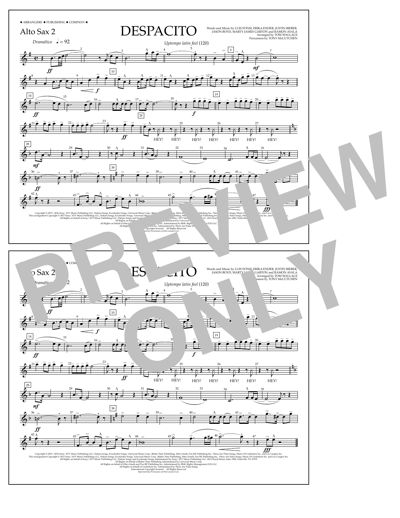 Download Luis Fonsi & Daddy Yankee feat. Justin Bieber Despacito (arr. Tom Wallace) - Alto Sax 2 Sheet Music and learn how to play Marching Band PDF digital score in minutes