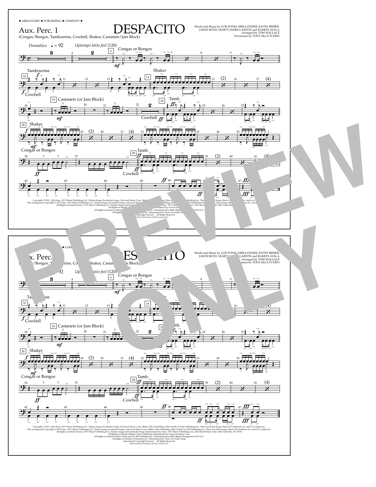 Download Luis Fonsi & Daddy Yankee feat. Justin Bieber Despacito (arr. Tom Wallace) - Aux. Perc. 1 Sheet Music and learn how to play Marching Band PDF digital score in minutes