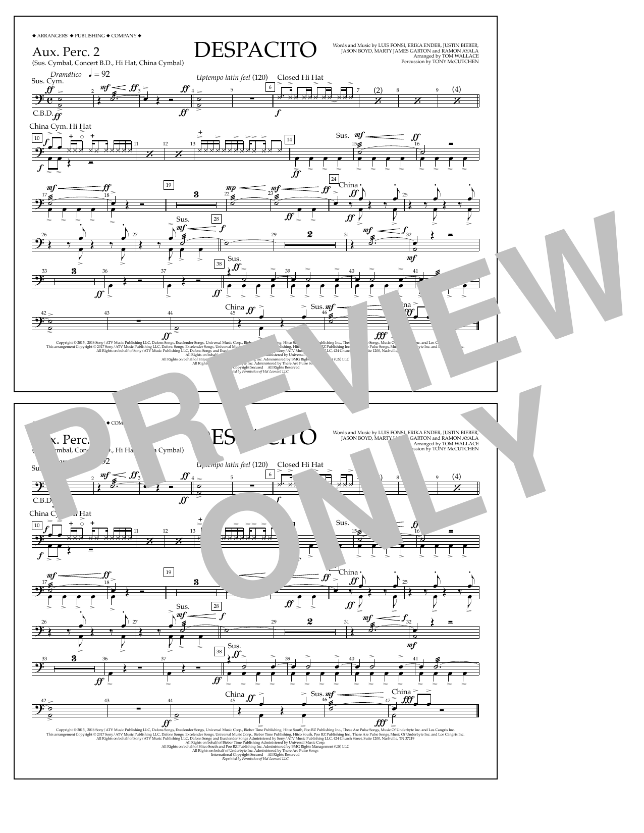 Download Luis Fonsi & Daddy Yankee feat. Justin Bieber Despacito (arr. Tom Wallace) - Aux. Perc. 2 Sheet Music and learn how to play Marching Band PDF digital score in minutes